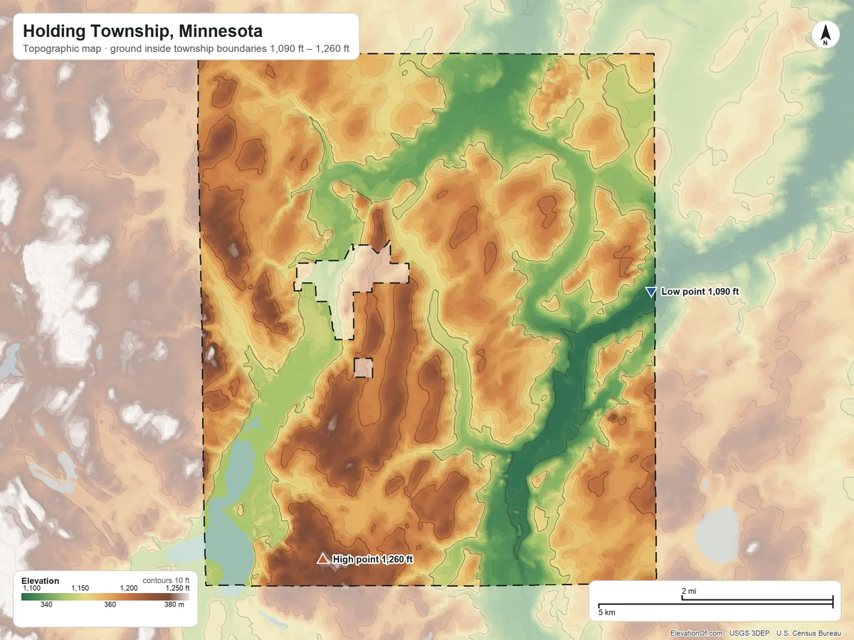 Topographic elevation map of Holding Township, Minnesota, shaded from 1,090 ft on the east side to 1,260 ft on the southwest side