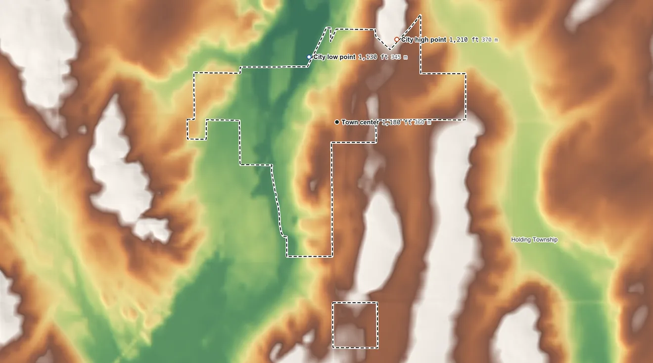 Topographic elevation map of Holdingford, Minnesota, shaded from 1,130 ft on the northwest side to 1,210 ft on the northeast side
