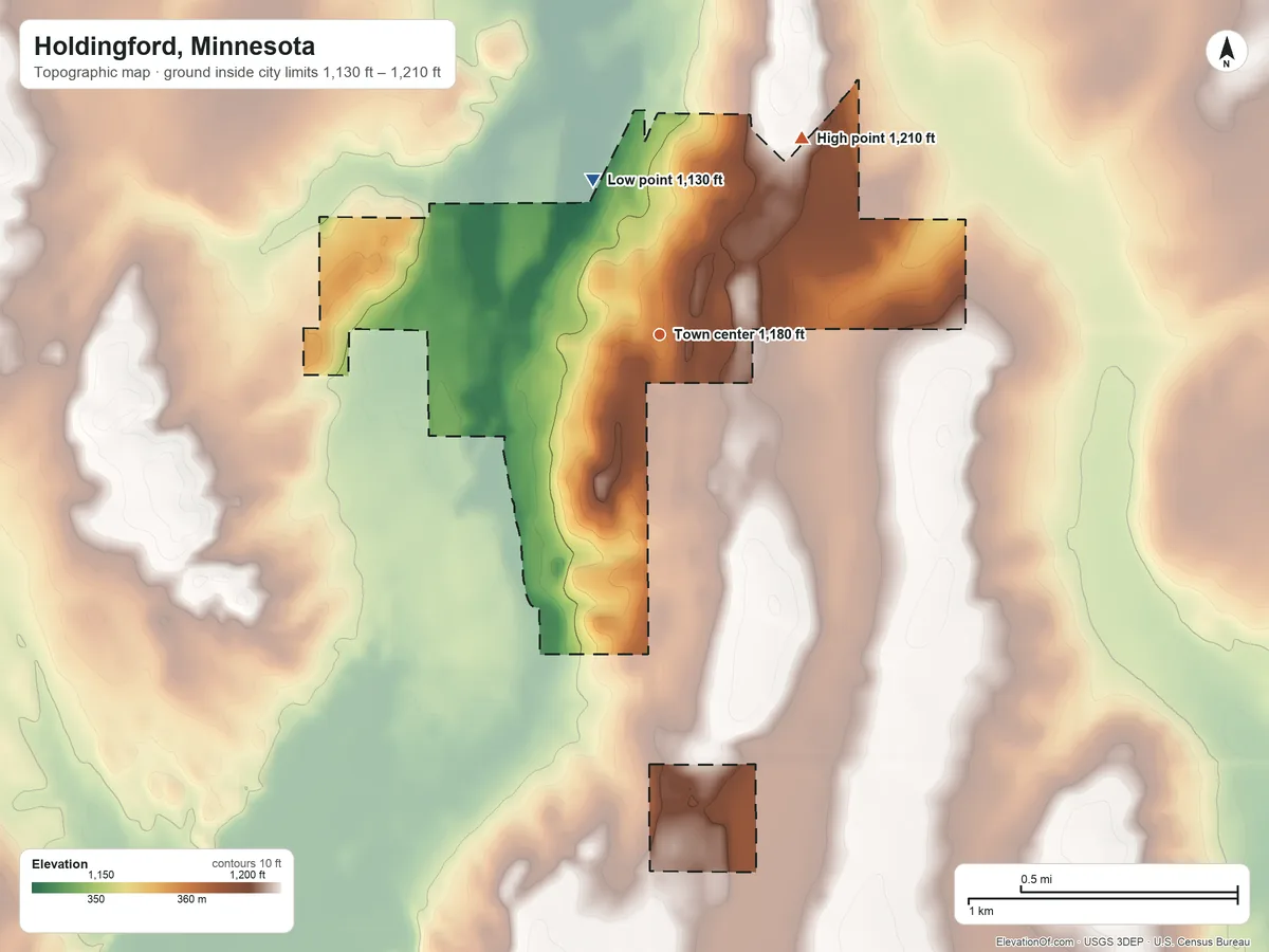 Topographic elevation map of Holdingford, Minnesota, shaded from 1,130 ft on the northwest side to 1,210 ft on the northeast side