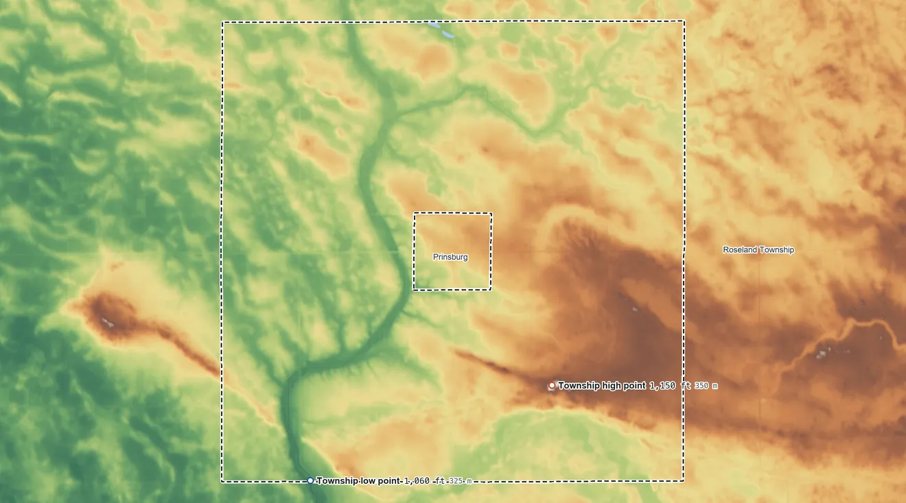 Topographic elevation map of Holland Township, Minnesota, shaded from 1,060 ft on the southwest side to 1,150 ft on the south side