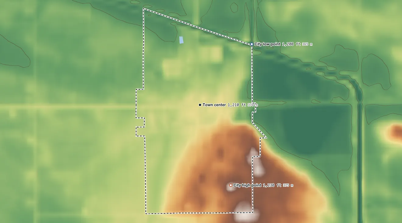 Topographic elevation map of Hollandale, Minnesota, shaded from 1,200 ft on the northeast side to 1,230 ft on the south side