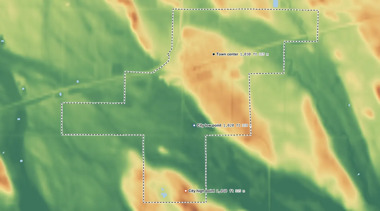 Topographic elevation map of Holloway, Minnesota, shaded from 1,020 ft on the south side to 1,040 ft on the south side