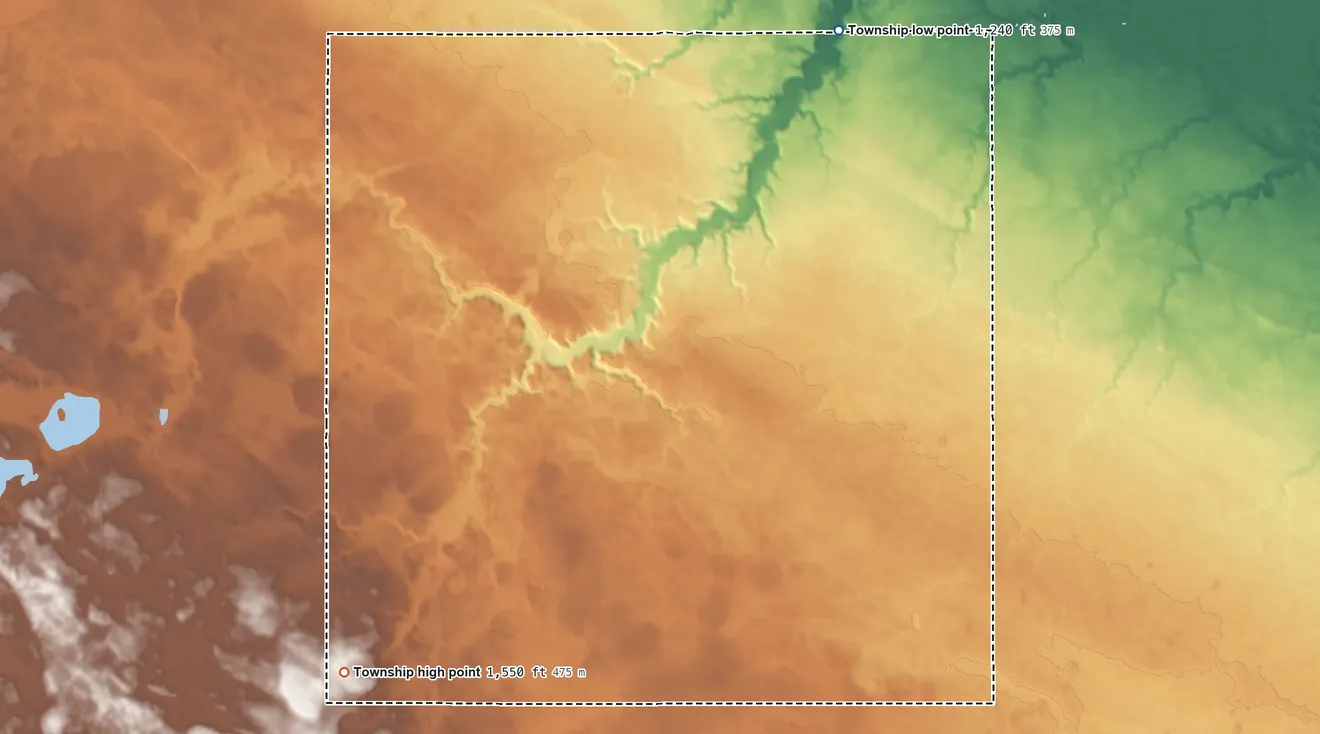 Topographic elevation map of Holly Township, Minnesota, shaded from 1,240 ft on the northeast side to 1,550 ft on the southwest side