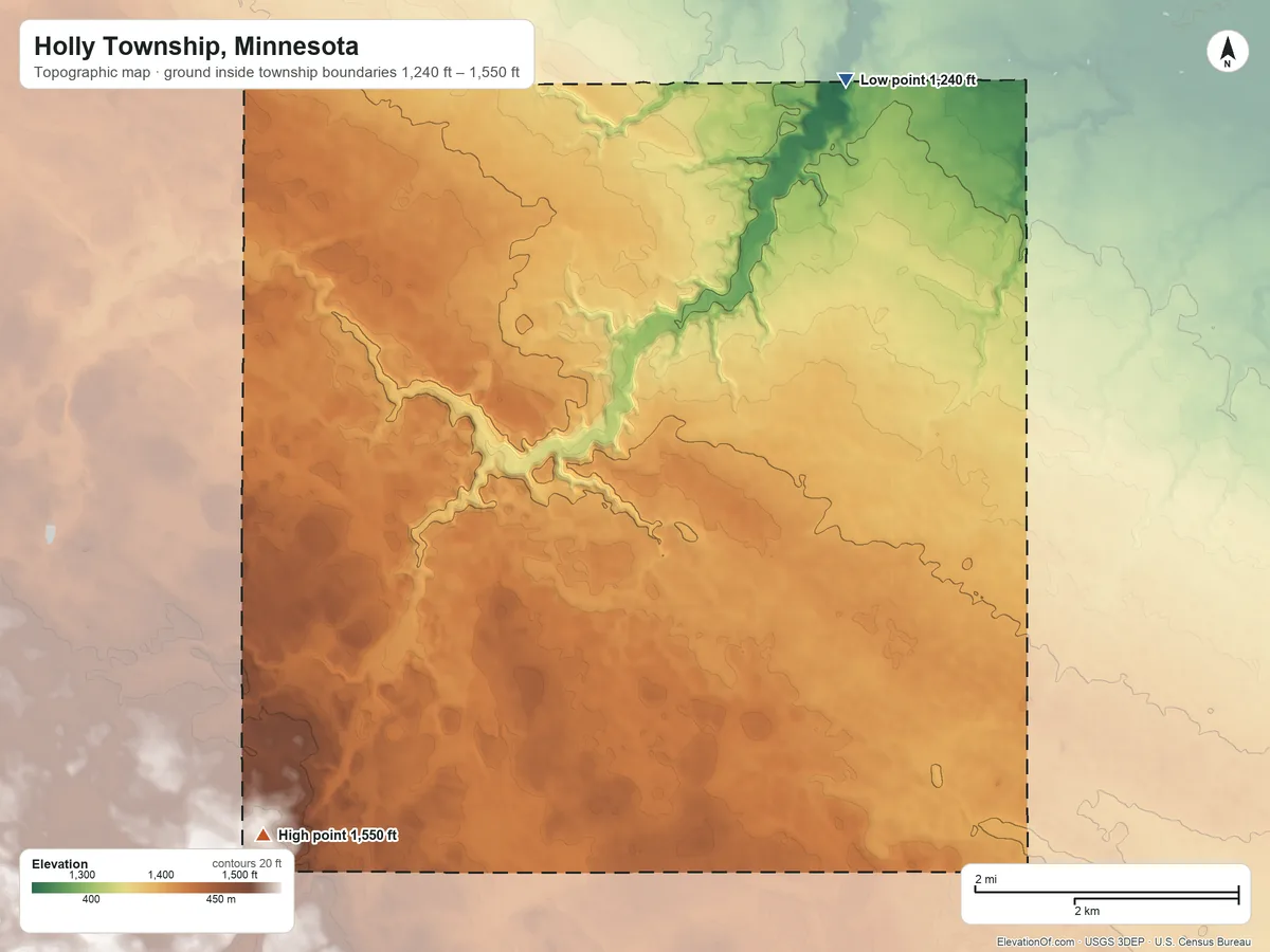Topographic elevation map of Holly Township, Minnesota, shaded from 1,240 ft on the northeast side to 1,550 ft on the southwest side