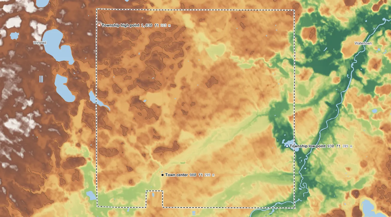 Topographic elevation map of Hollywood Township, Minnesota, shaded from 930 ft on the east side to 1,030 ft on the northwest side