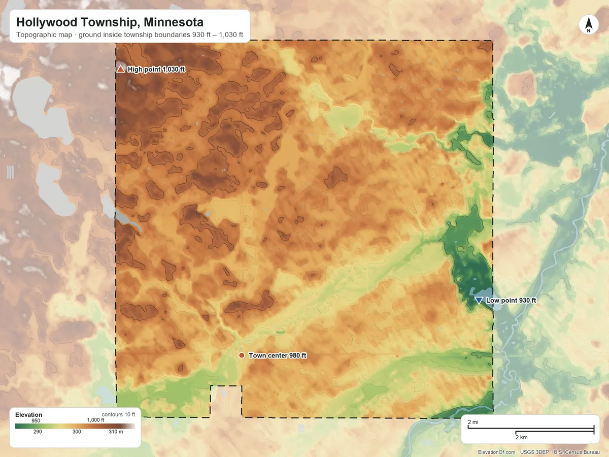 Topographic elevation map of Hollywood Township, Minnesota, shaded from 930 ft on the east side to 1,030 ft on the northwest side