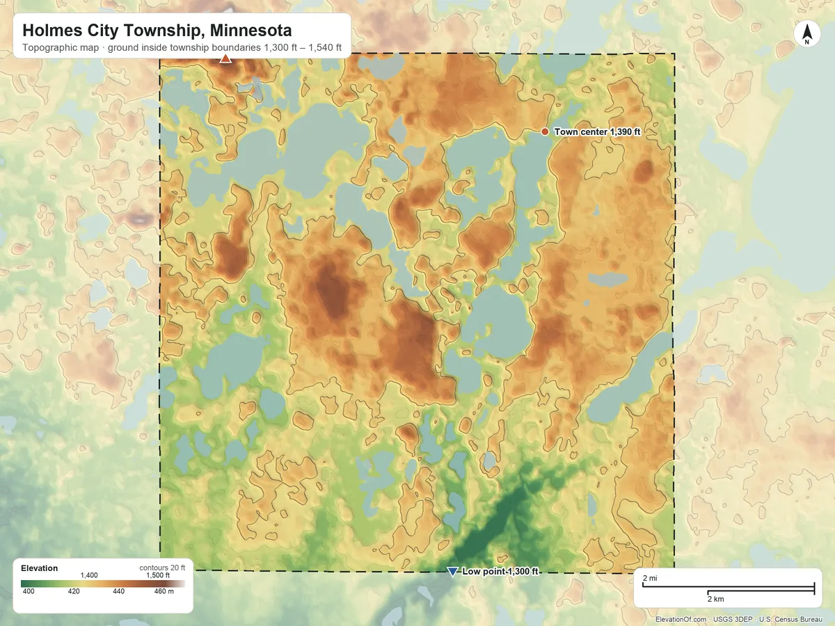 Topographic elevation map of Holmes City Township, Minnesota, shaded from 1,300 ft on the south side to 1,540 ft on the west side