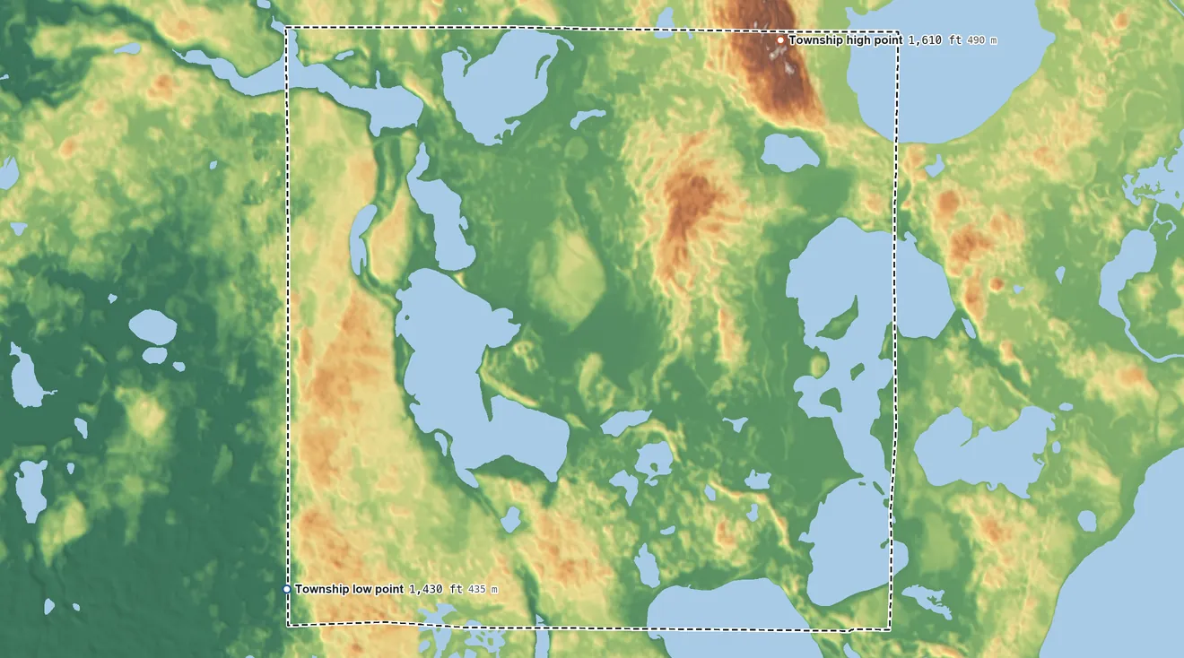 Topographic elevation map of Holmesville Township, Minnesota, shaded from 1,430 ft on the southwest side to 1,610 ft on the northeast side