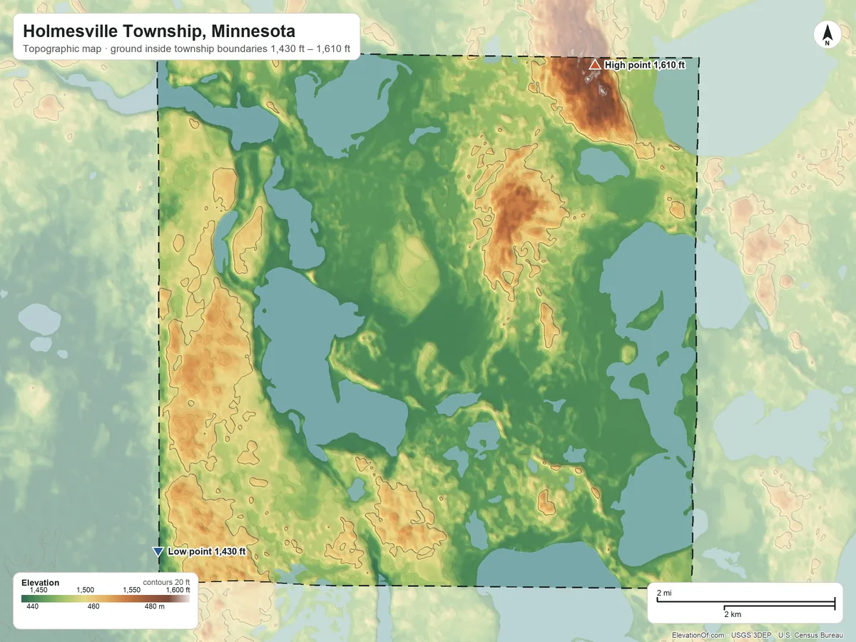 Topographic elevation map of Holmesville Township, Minnesota, shaded from 1,430 ft on the southwest side to 1,610 ft on the northeast side