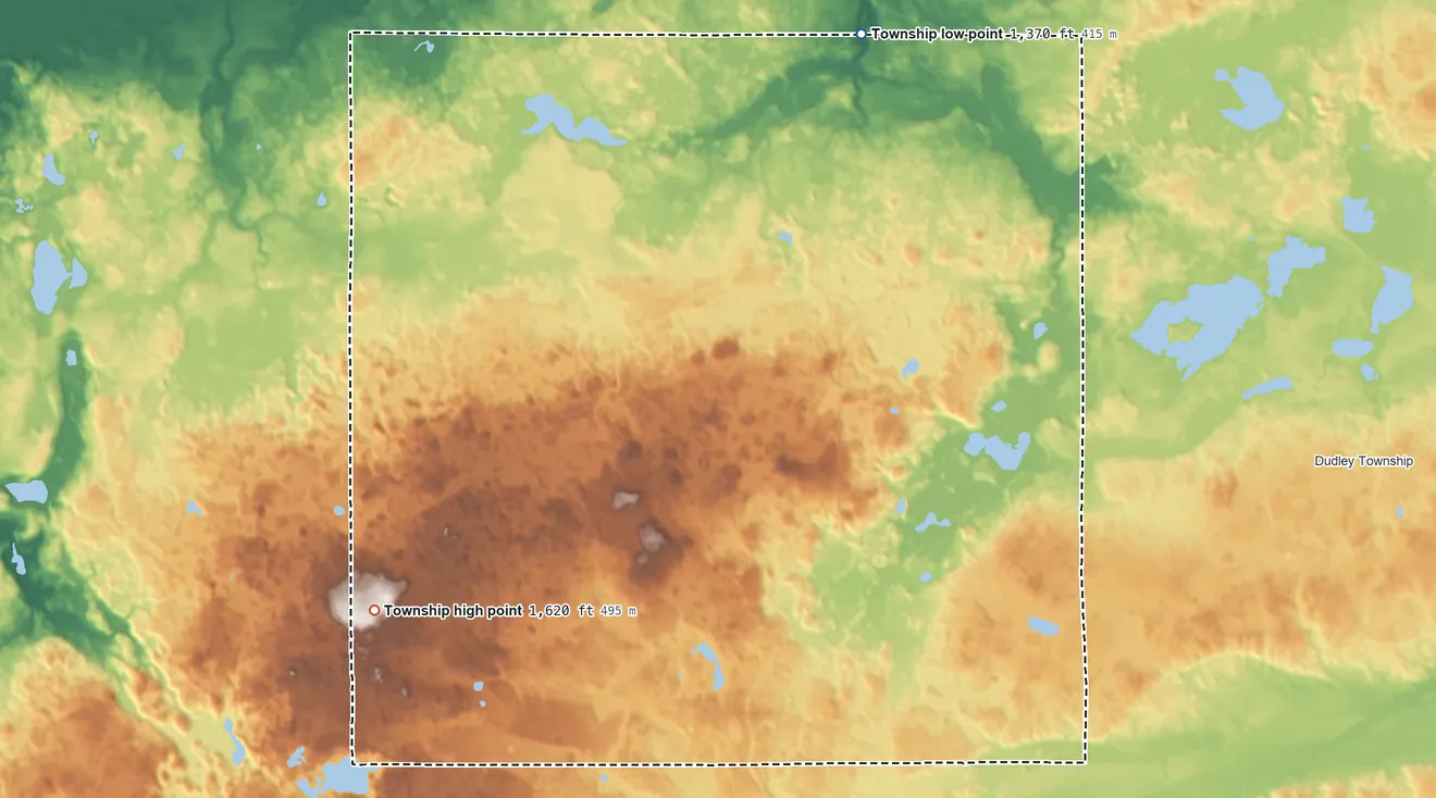 Topographic elevation map of Holst Township, Minnesota, shaded from 1,370 ft on the northeast side to 1,620 ft on the southwest side
