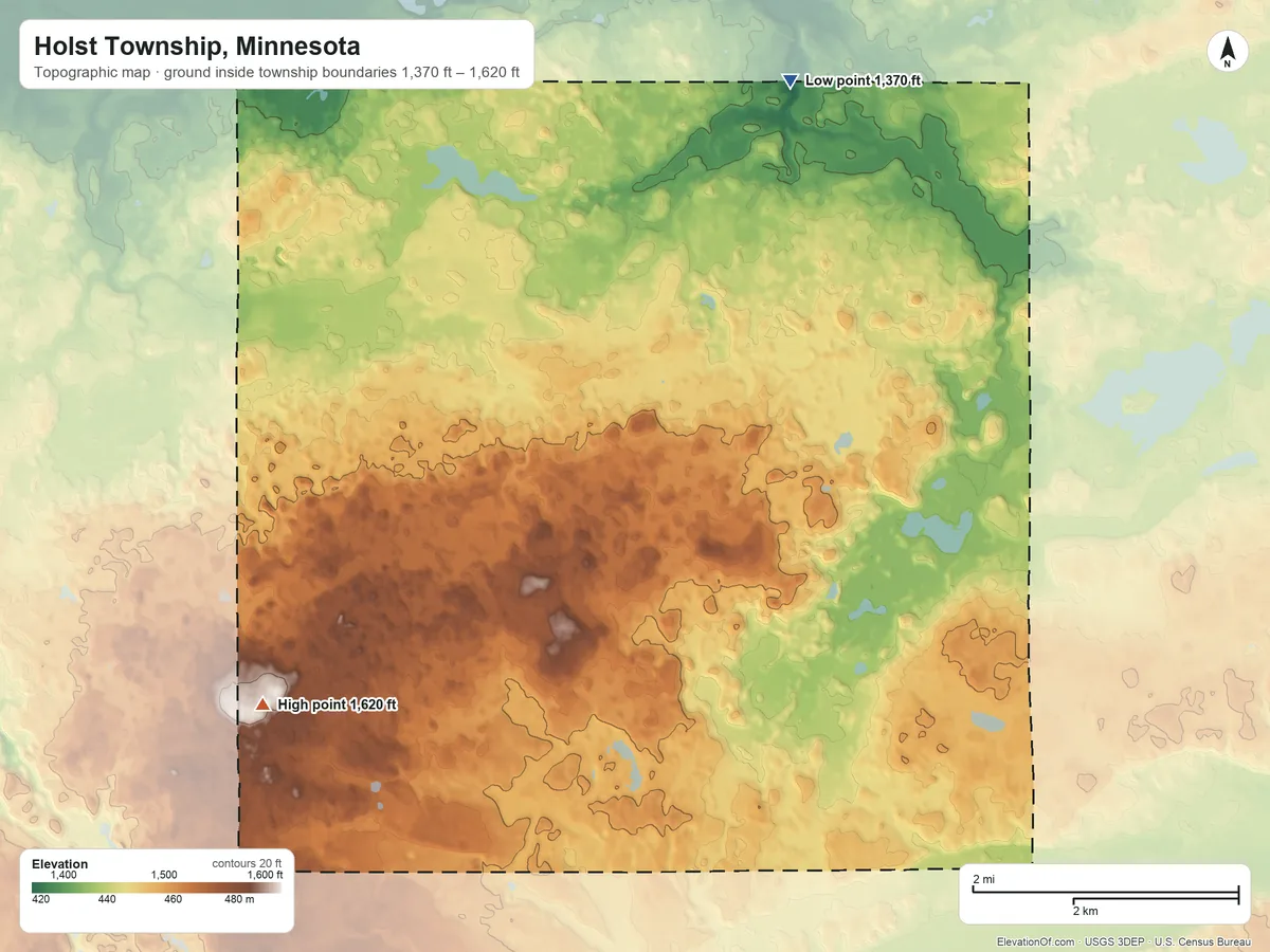 Topographic elevation map of Holst Township, Minnesota, shaded from 1,370 ft on the northeast side to 1,620 ft on the southwest side