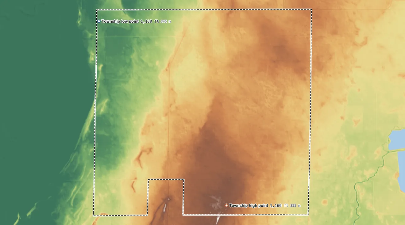 Topographic elevation map of Holt Township, Marshall County, Minnesota, shaded from 1,130 ft on the northwest side to 1,160 ft on the southeast side
