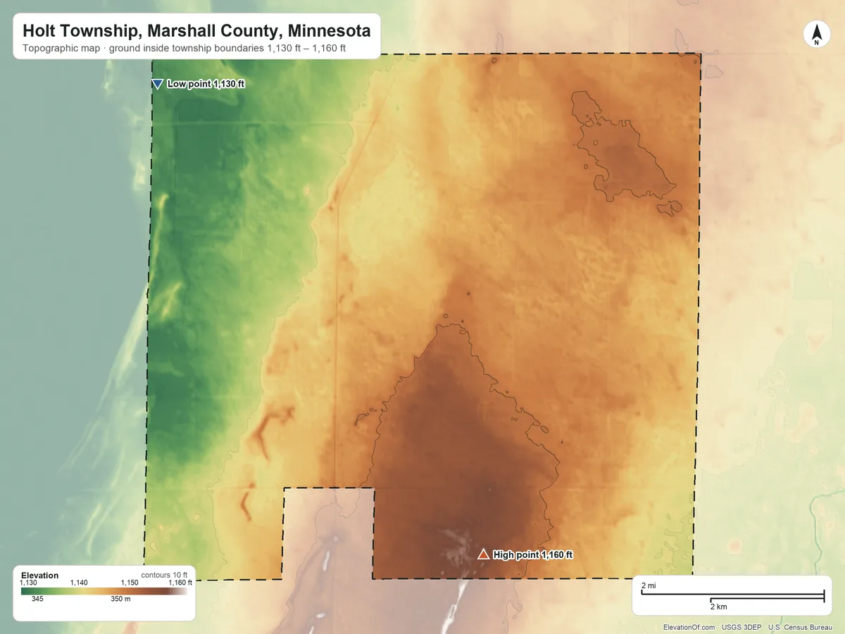 Topographic elevation map of Holt Township, Marshall County, Minnesota, shaded from 1,130 ft on the northwest side to 1,160 ft on the southeast side