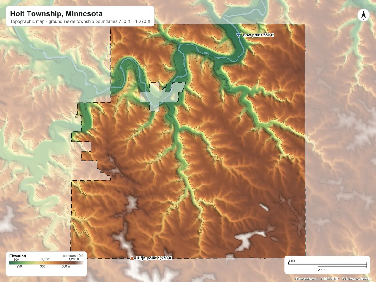 Topographic elevation map of Holt Township, Minnesota, shaded from 750 ft on the north side to 1,270 ft on the southwest side