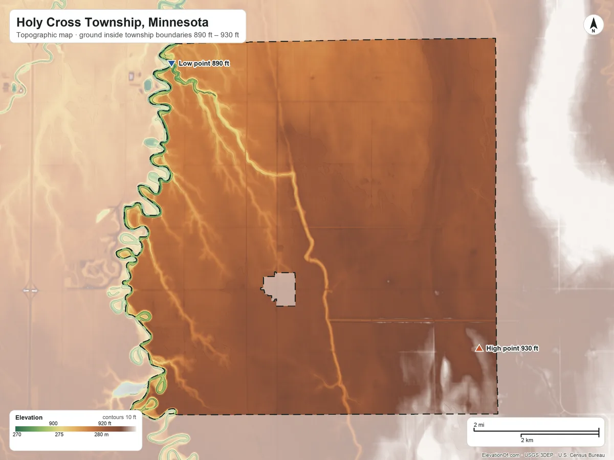 Topographic elevation map of Holy Cross Township, Minnesota, shaded from 890 ft on the northwest side to 930 ft on the southeast side