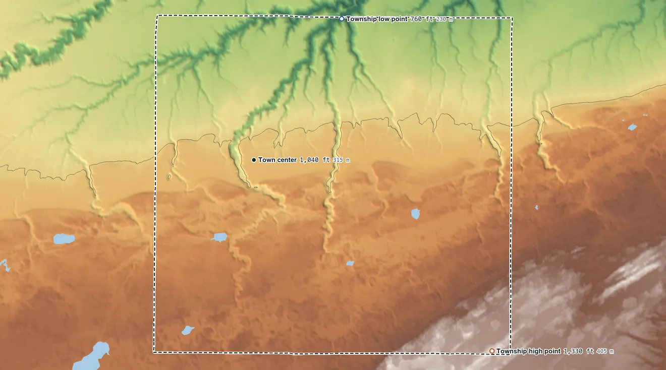 Topographic elevation map of Holyoke Township, Minnesota, shaded from 760 ft on the northeast side to 1,330 ft on the southeast side