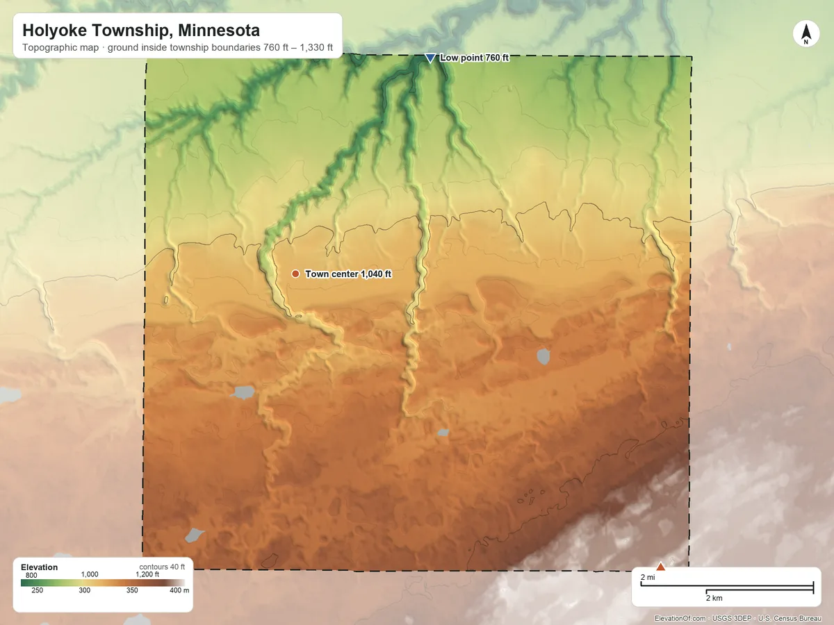Topographic elevation map of Holyoke Township, Minnesota, shaded from 760 ft on the northeast side to 1,330 ft on the southeast side