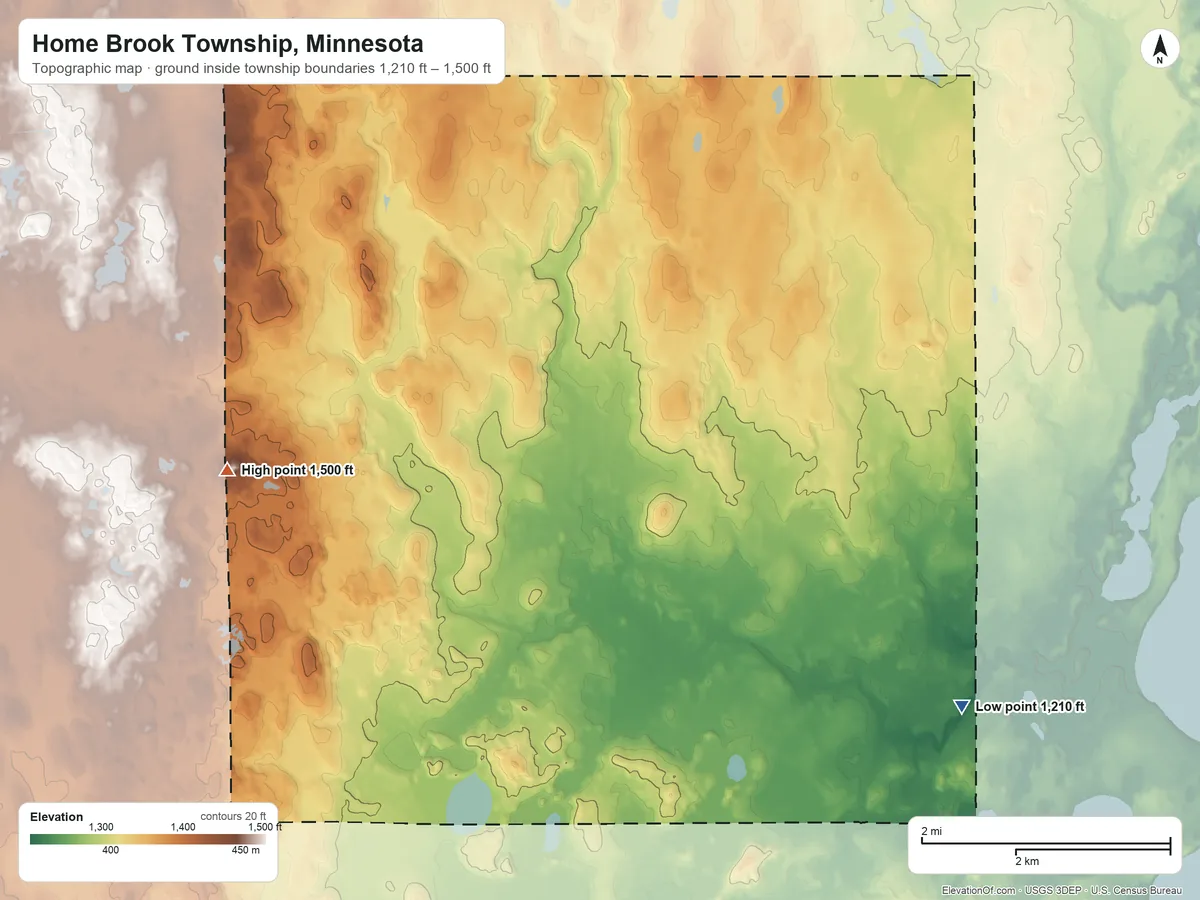 Topographic elevation map of Home Brook Township, Minnesota, shaded from 1,210 ft on the southeast side to 1,500 ft on Brush Hill