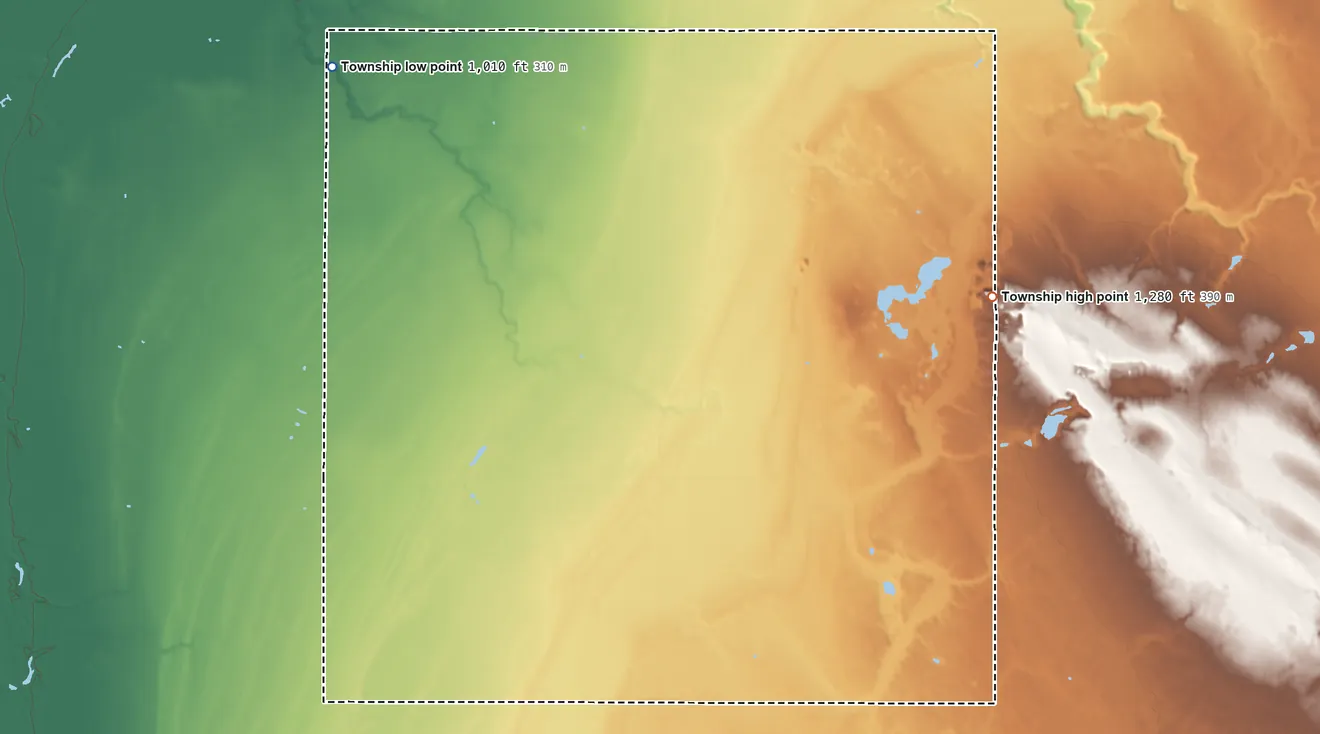 Topographic elevation map of Home Lake Township, Minnesota, shaded from 1,010 ft on the northwest side to 1,280 ft on the east side