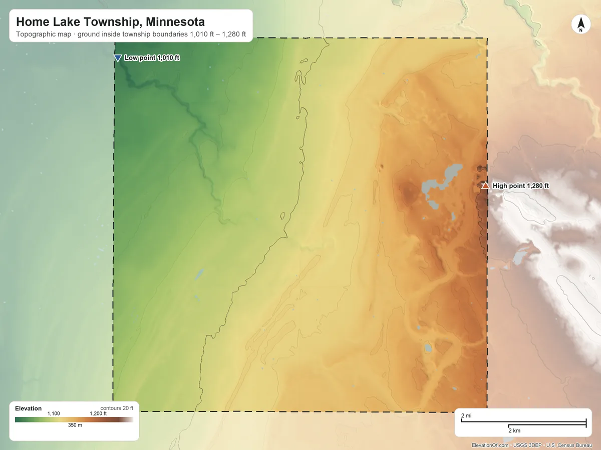 Topographic elevation map of Home Lake Township, Minnesota, shaded from 1,010 ft on the northwest side to 1,280 ft on the east side