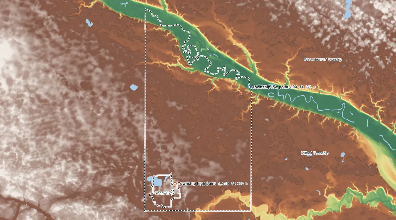 Topographic elevation map of Home Township, Minnesota, shaded from 800 ft on the northeast side to 1,040 ft on the southwest side