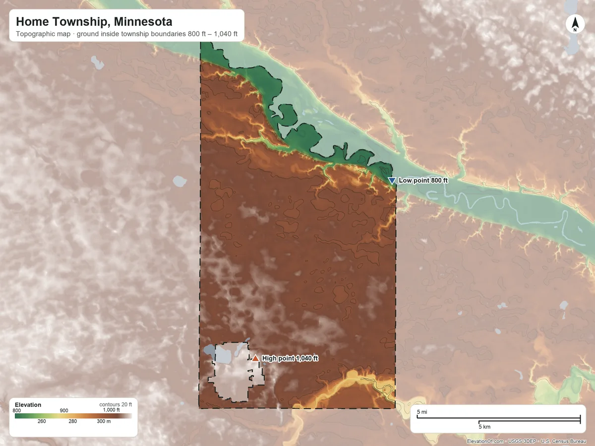 Topographic elevation map of Home Township, Minnesota, shaded from 800 ft on the northeast side to 1,040 ft on the southwest side