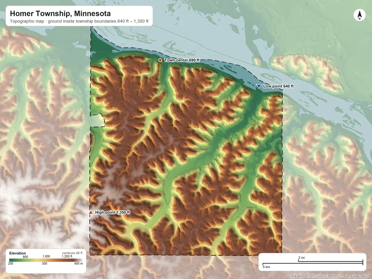 Topographic elevation map of Homer Township, Minnesota, shaded from 640 ft on the east side to 1,350 ft on the southwest side