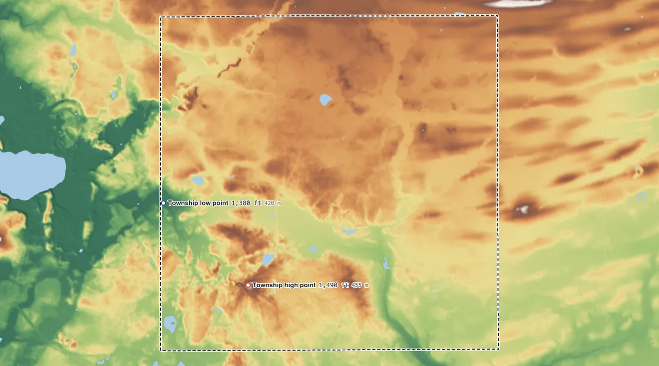 Topographic elevation map of Homestead Township, Minnesota, shaded from 1,380 ft on the west side to 1,490 ft on the southwest side