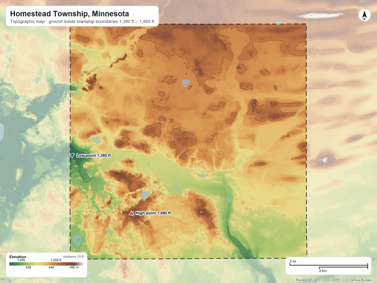 Topographic elevation map of Homestead Township, Minnesota, shaded from 1,380 ft on the west side to 1,490 ft on the southwest side