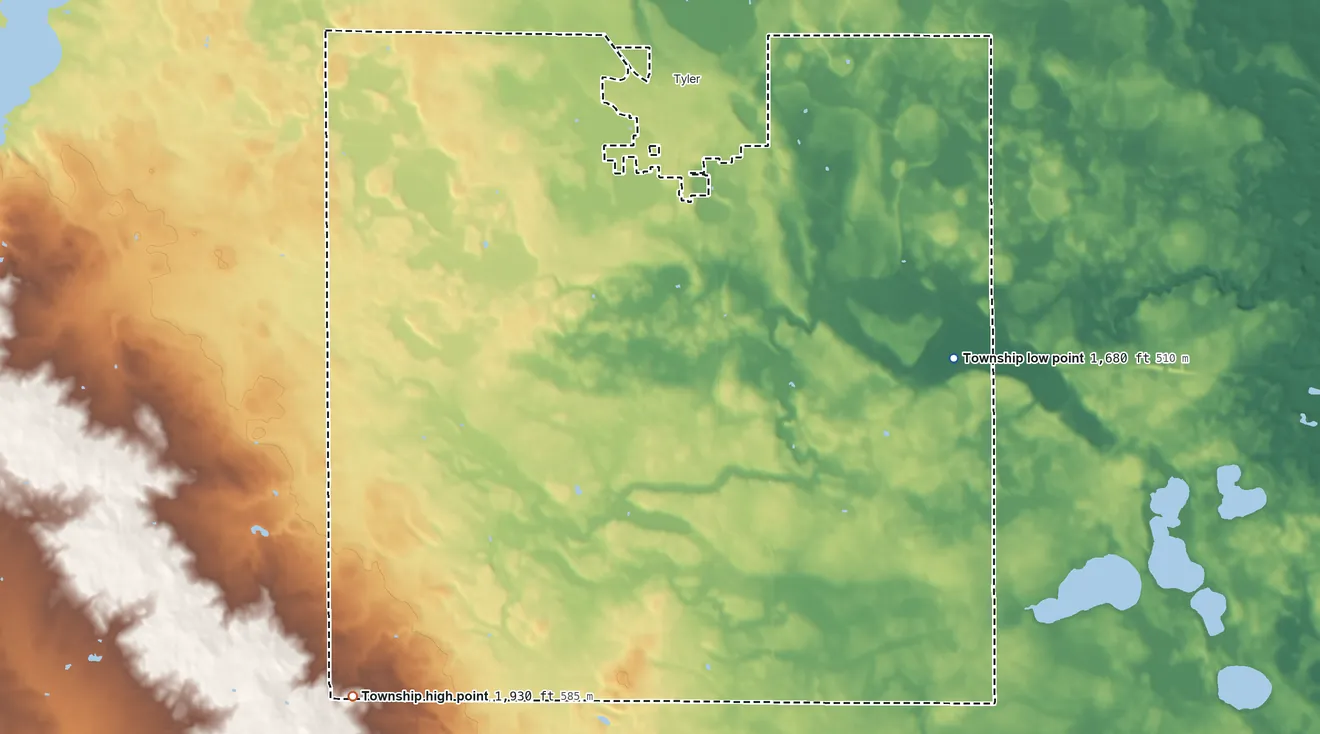 Topographic elevation map of Hope Township, Minnesota, shaded from 1,680 ft on the east side to 1,930 ft on the southwest side