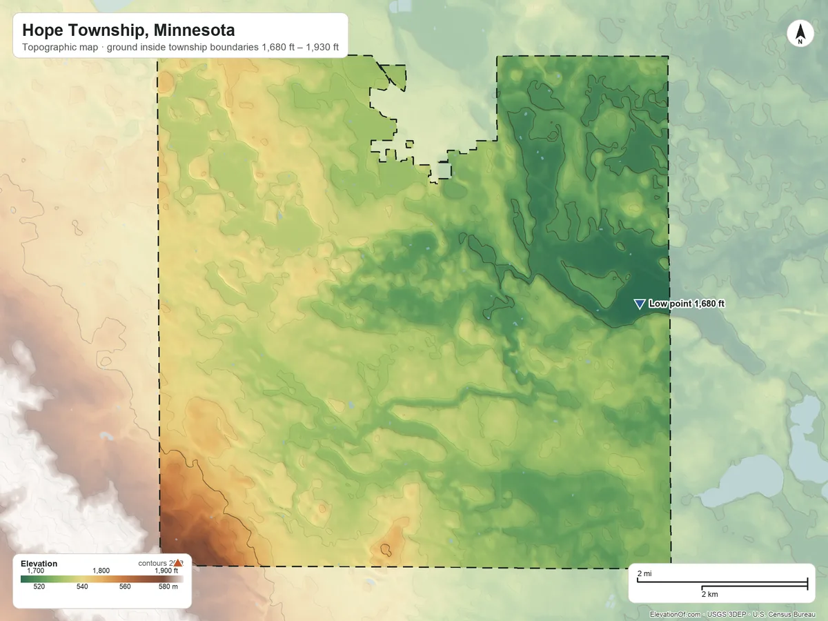 Topographic elevation map of Hope Township, Minnesota, shaded from 1,680 ft on the east side to 1,930 ft on the southwest side