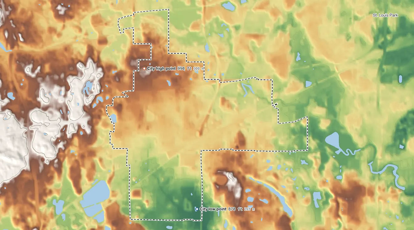 Topographic elevation map of Hopkins, Minnesota, shaded from 870 ft on the south side to 990 ft on the northwest side