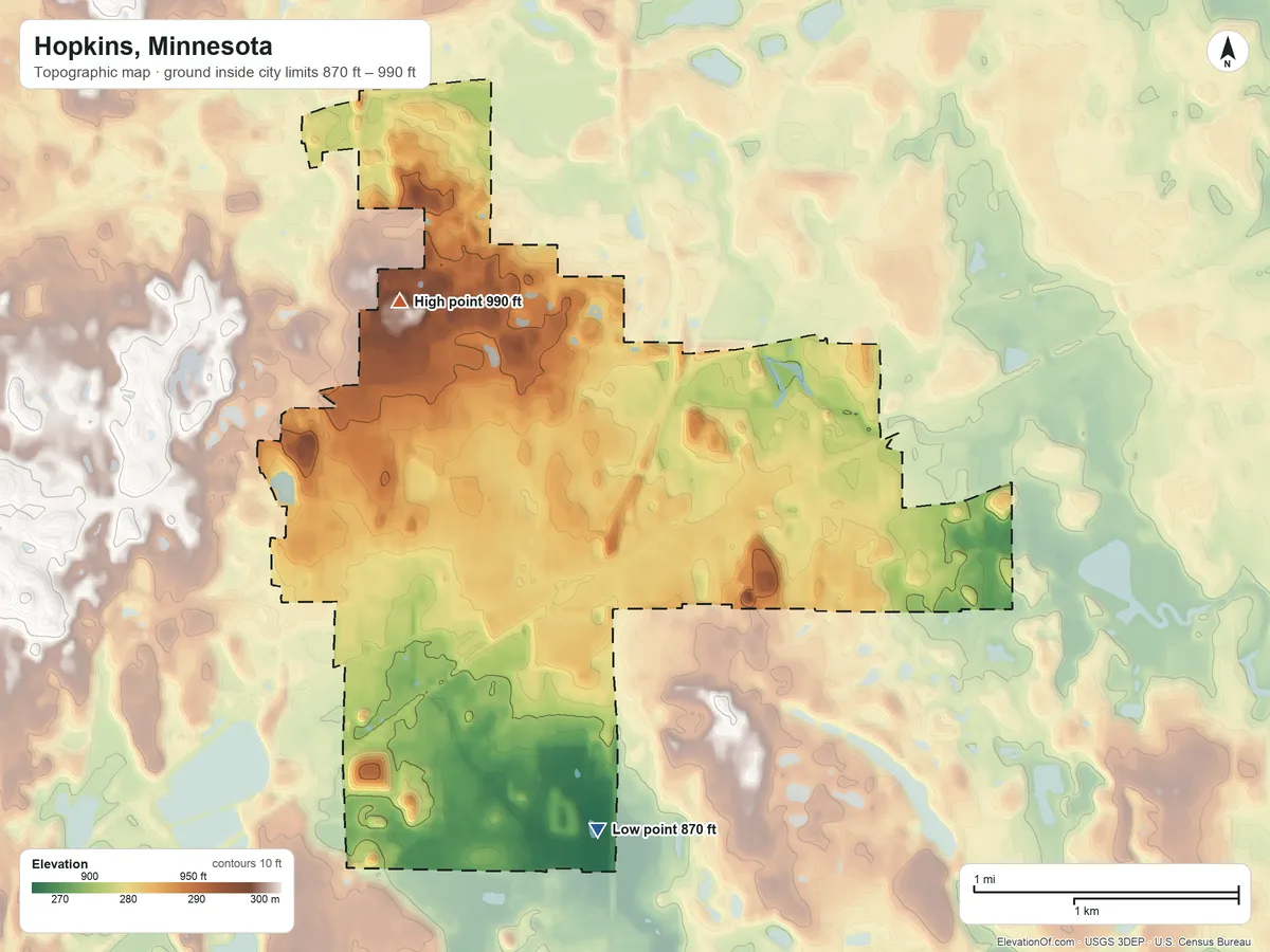 Topographic elevation map of Hopkins, Minnesota, shaded from 870 ft on the south side to 990 ft on the northwest side
