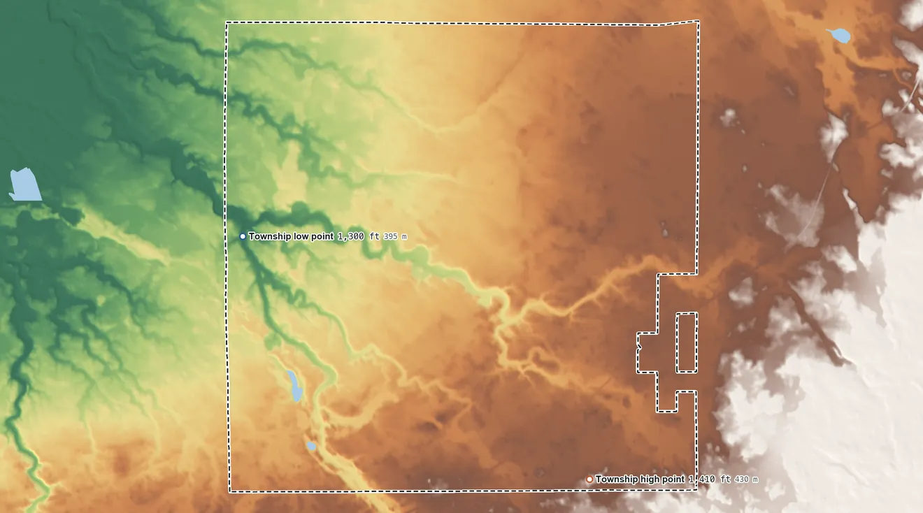 Topographic elevation map of Hornet Township, Minnesota, shaded from 1,300 ft on the northwest side to 1,410 ft on the southeast side