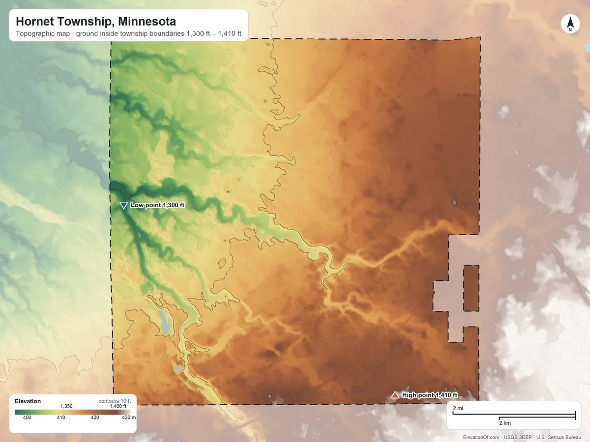 Topographic elevation map of Hornet Township, Minnesota, shaded from 1,300 ft on the northwest side to 1,410 ft on the southeast side