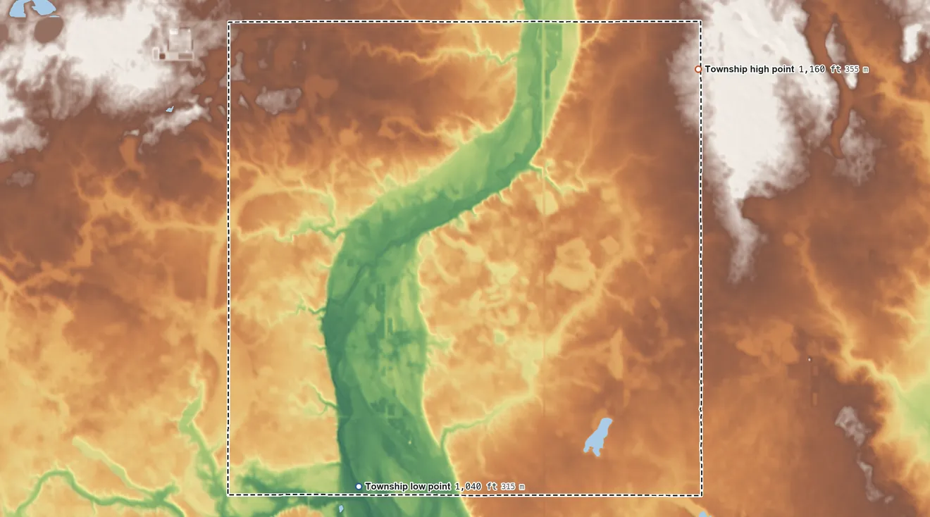 Topographic elevation map of Horton Township, Minnesota, shaded from 1,040 ft on the southwest side to 1,160 ft on the northeast side