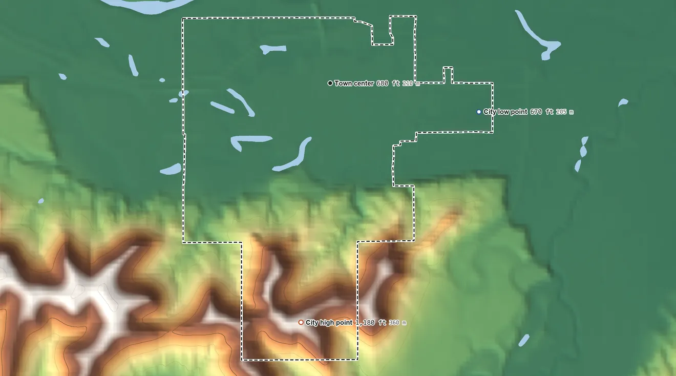 Topographic elevation map of Houston, Minnesota, shaded from 670 ft on the east side to 1,180 ft on the south side