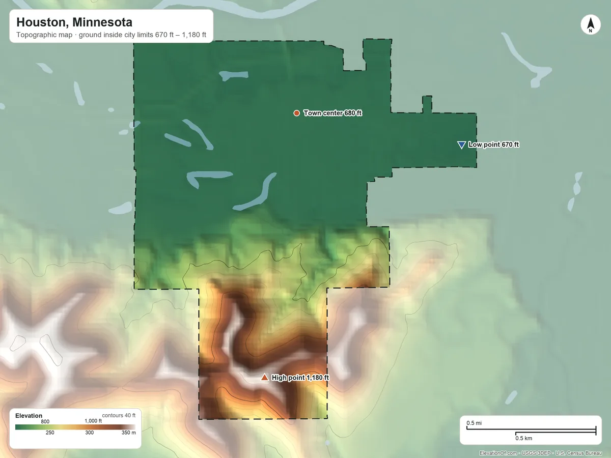 Topographic elevation map of Houston, Minnesota, shaded from 670 ft on the east side to 1,180 ft on the south side
