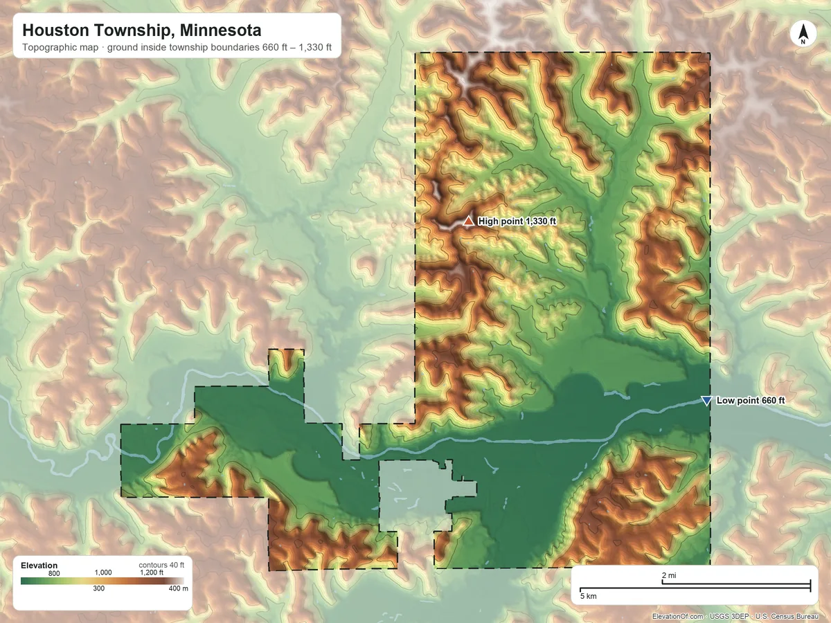 Topographic elevation map of Houston Township, Minnesota, shaded from 660 ft on the east side to 1,330 ft on the north side