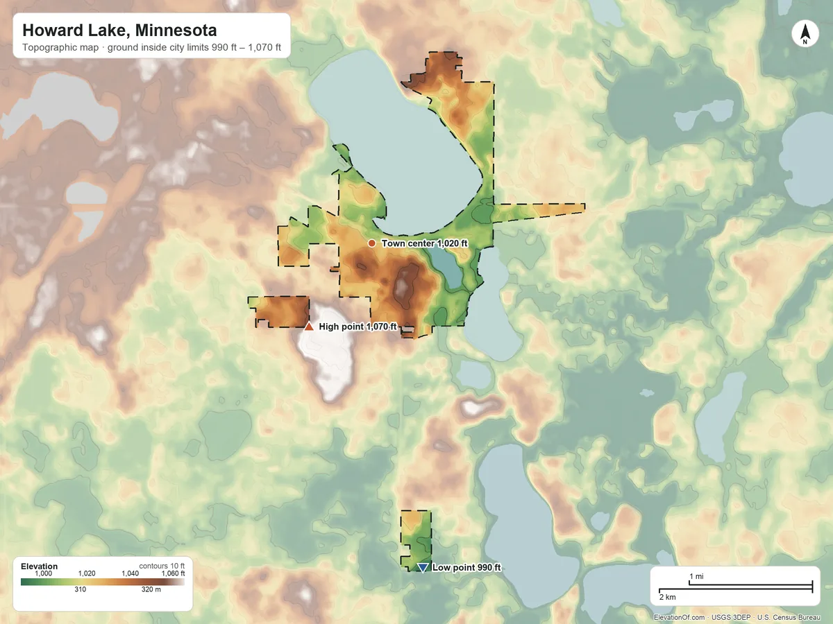 Topographic elevation map of Howard Lake, Minnesota, shaded from 990 ft on the south side to 1,070 ft on the southwest side