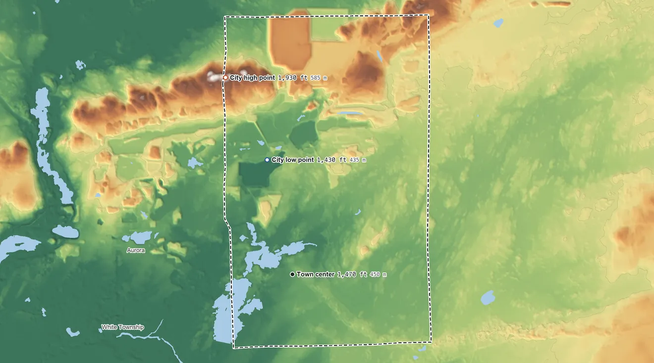 Topographic elevation map of Hoyt Lakes, Minnesota, shaded from 1,430 ft on the north side to 1,930 ft on the north side