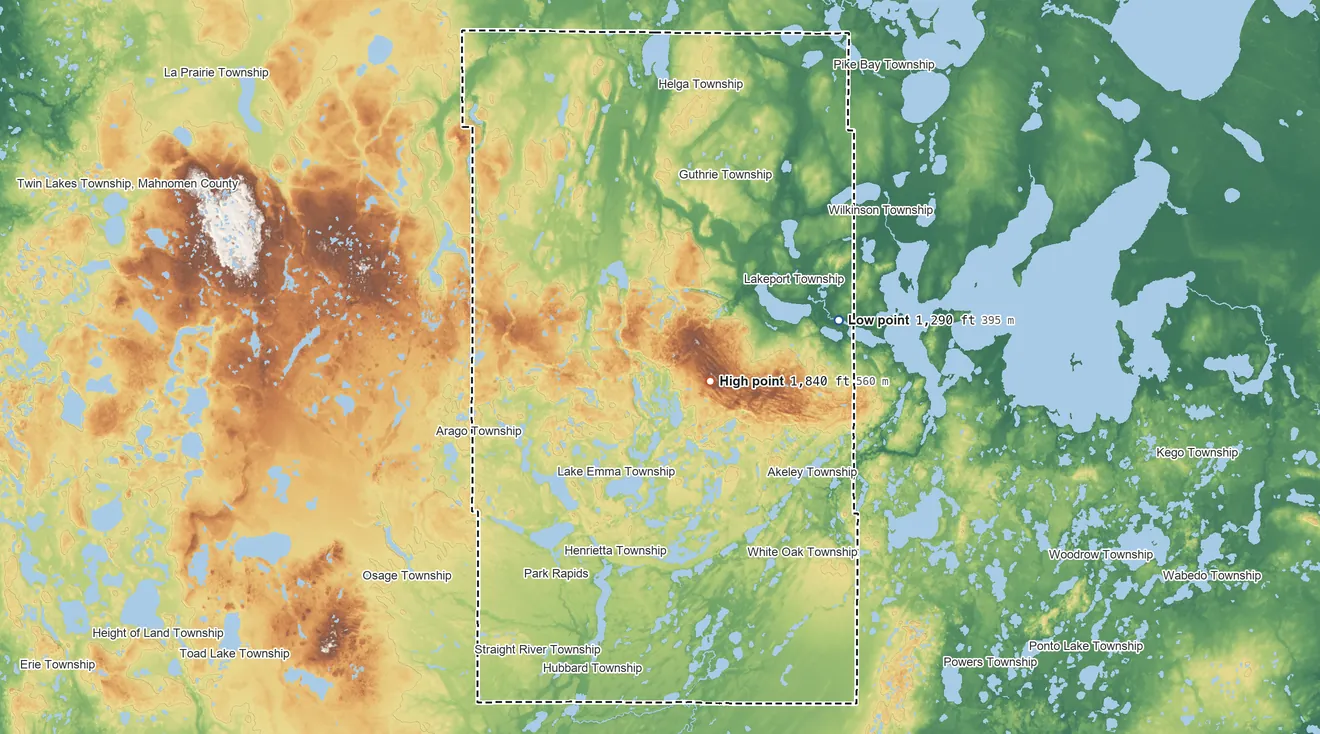 Topographic elevation map of Hubbard County, Minnesota, shaded from 1,290 ft on the east side to 1,840 ft near the middle