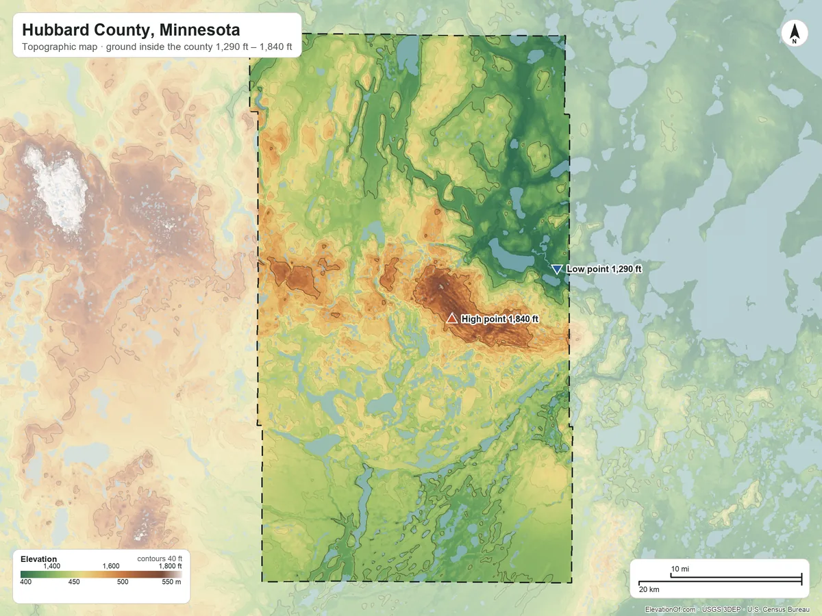 Topographic elevation map of Hubbard County, Minnesota, shaded from 1,290 ft on the east side to 1,840 ft near the middle