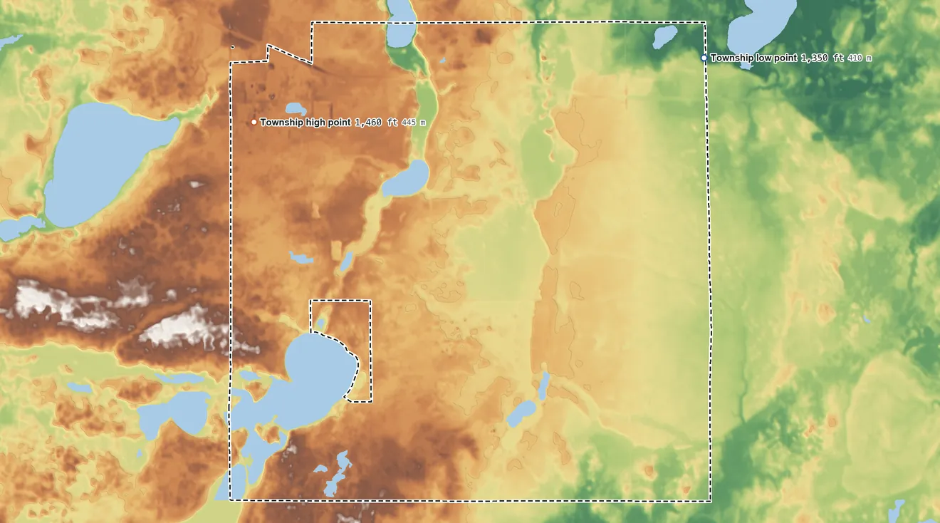 Topographic elevation map of Hudson Township, Minnesota, shaded from 1,350 ft on the northeast side to 1,460 ft on the northwest side