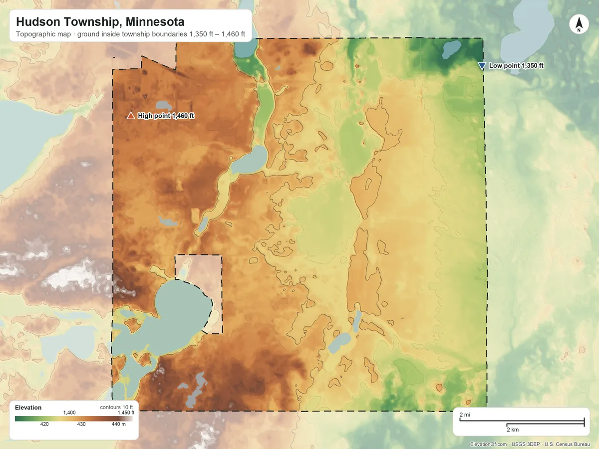 Topographic elevation map of Hudson Township, Minnesota, shaded from 1,350 ft on the northeast side to 1,460 ft on the northwest side