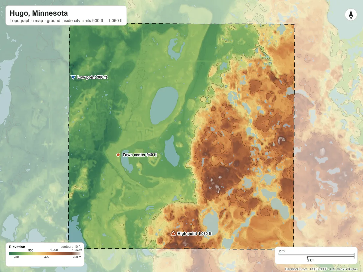 Topographic elevation map of Hugo, Minnesota, shaded from 900 ft on the northwest side to 1,060 ft on the southeast side