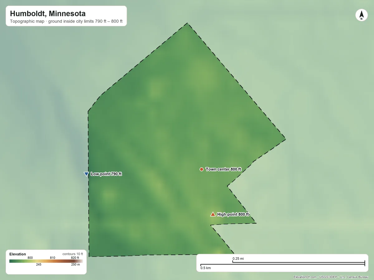 Topographic elevation map of Humboldt, Minnesota, shaded from 790 ft on the west side to 800 ft on the south side