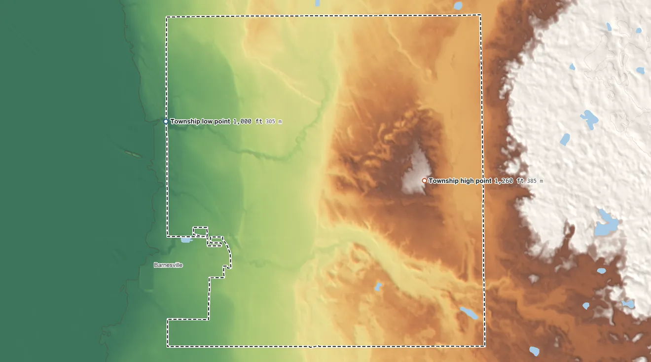Topographic elevation map of Humboldt Township, Minnesota, shaded from 1,000 ft on the northwest side to 1,260 ft on the northeast side
