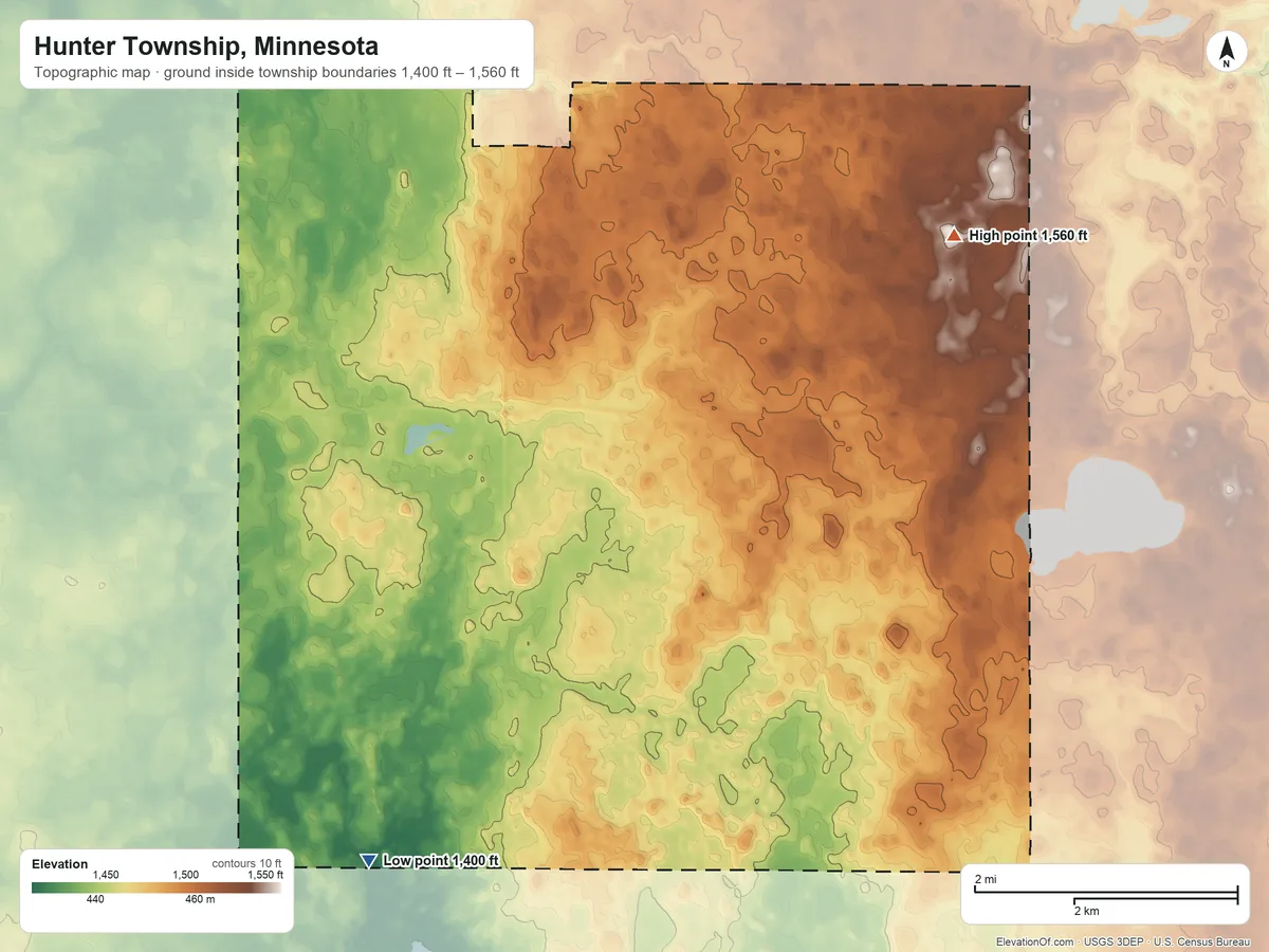 Topographic elevation map of Hunter Township, Minnesota, shaded from 1,400 ft on the southwest side to 1,560 ft on the northeast side