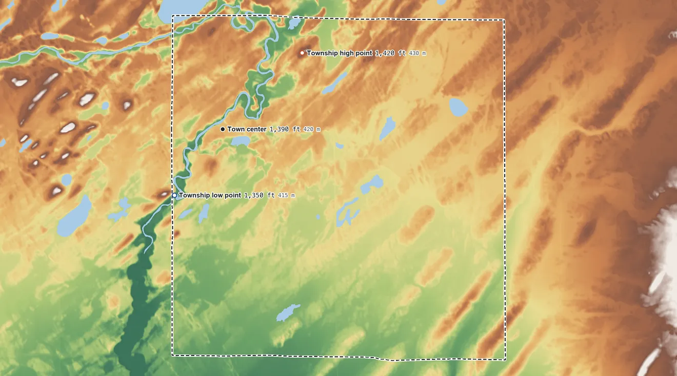 Topographic elevation map of Huntersville Township, Minnesota, shaded from 1,350 ft on the southwest side to 1,420 ft on the northeast side